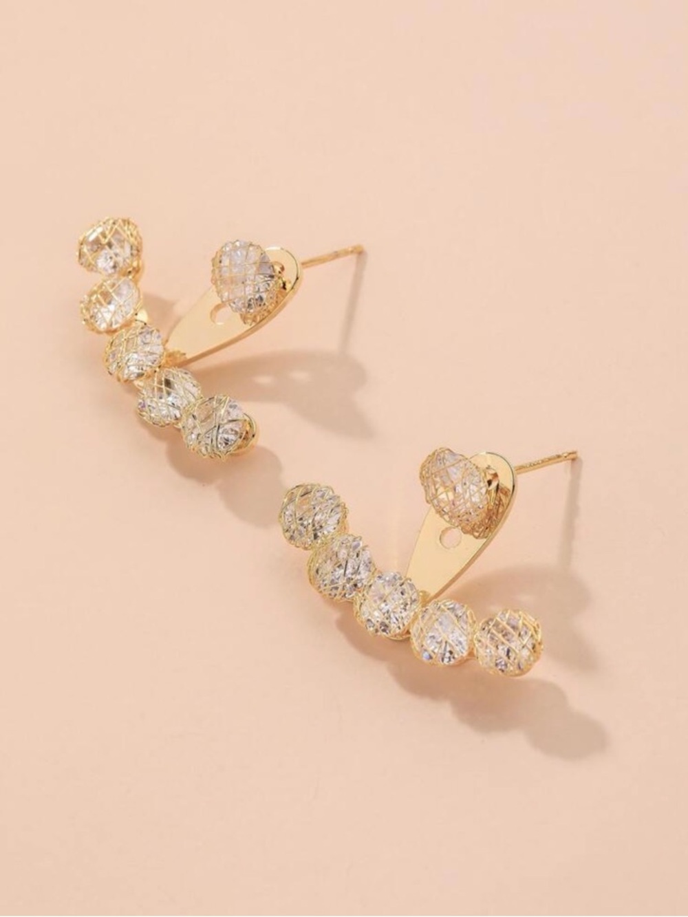 Gold and Crystal Curved Ball Drop Earrings - Women Jewelry